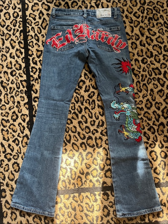 Ed Hardy Denim - Ed Hardy Blue Denim Flare Jeans with Red Logo & Embroidered Dragon